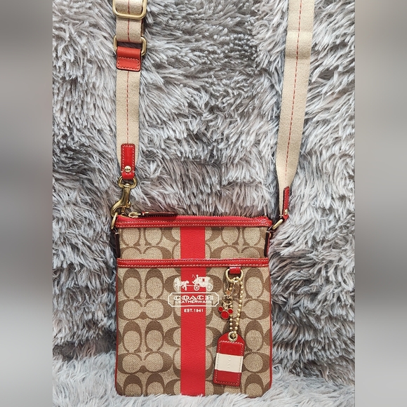 Coach Red and Tan Signature 2007 Crossbody Bag with Hang Tag & Mickey Charm - Picture 10 of 12